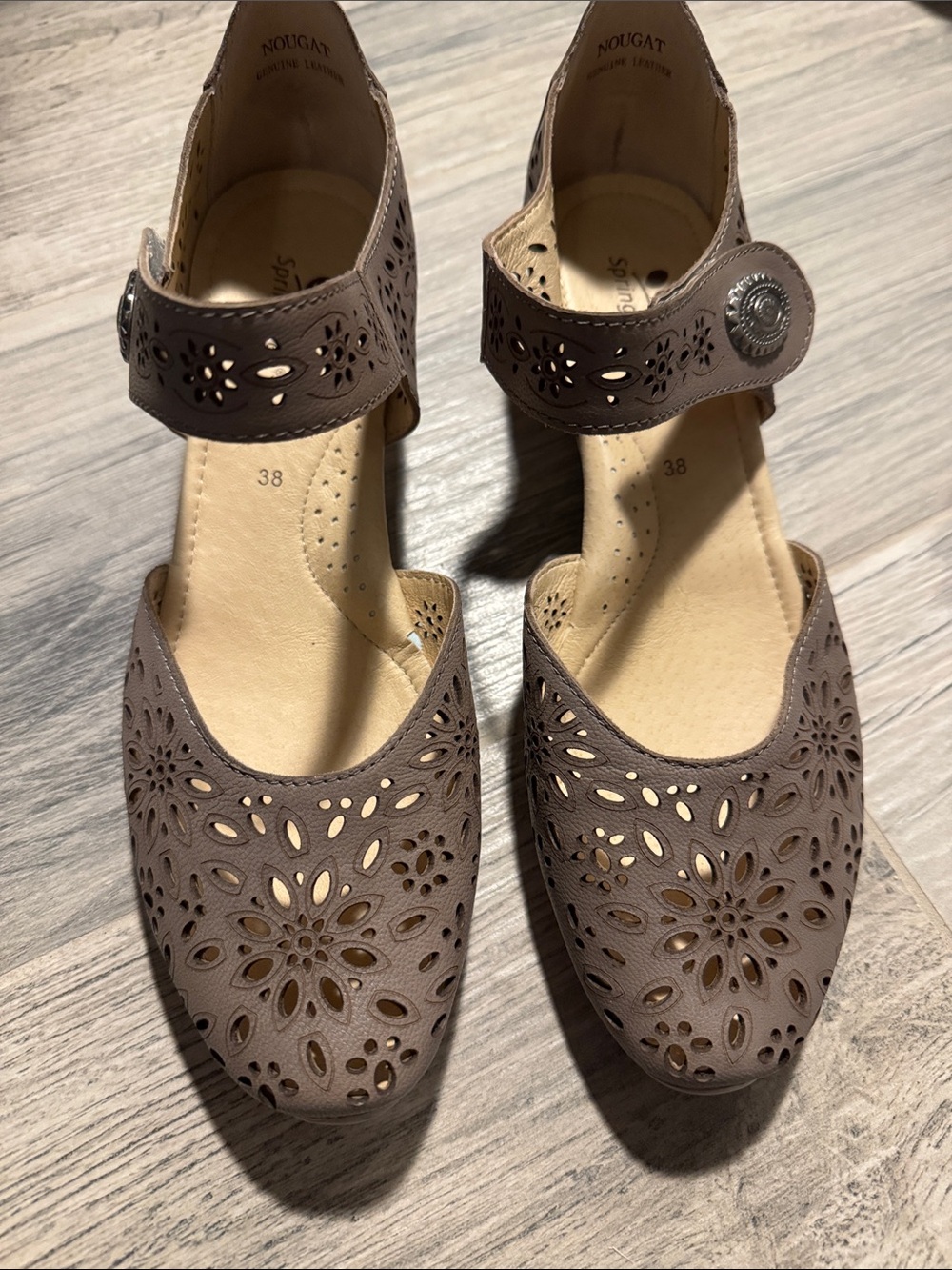Spring Step Leather Taupe Floral Cutout Mary Jane Wedge